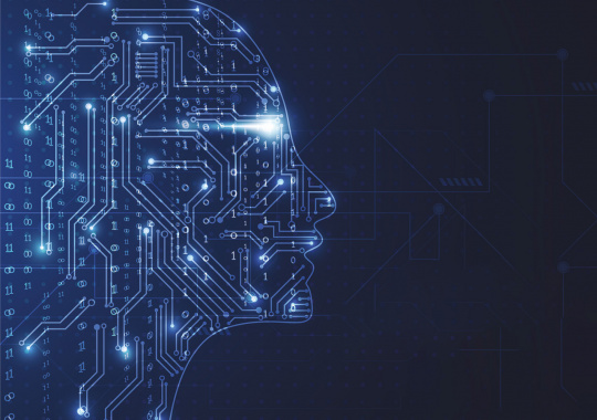 Die Silhouette einer Person aus synthetischen Daten und Netzen vor einem dunklen Hintergrund.