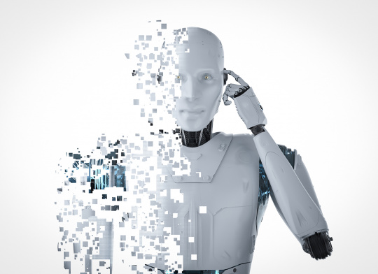 Ein Roboter ist zur Hälfte in Pixeln dargestellt. Er fässt sich an den Kopf und symbolisiert künstliche Intelligenz.