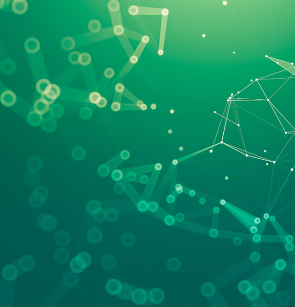 Ein Sinnbild von einem neuronalen Netz aus synthetischen Daten vor einem grünen Hintergrund.