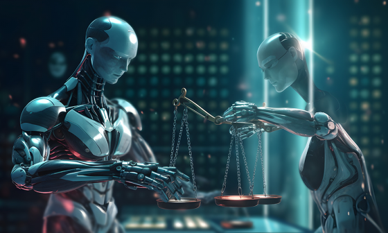 Zwei Roboter stehen in einem blau beleuchtetem Raum und haben jeweils eine Gesetz-Waage in der Hand.