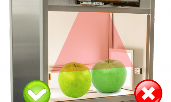 Zwei grüne Äpfel werden unter einer Bildverarbeitungsanwendung gescannt, wodurch ihre Qualität überprüft wird.