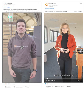 Eine Collage zum LinkedIn Takeover. Links das gemeinsame Profilbild aus den beiden Logos von visionpier und ambersearch, rechts Screenshots aus den Videos.