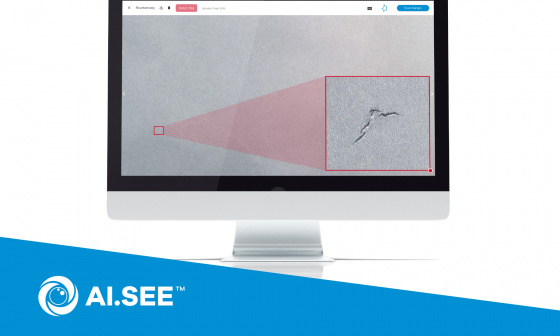 Auf einem Bildschirm ist eine Aufnahme zu sehen, bei der eine Bildverarbeitungslösung einen Kratzer auf einer Oberfläche erkennt und vergrößert.
