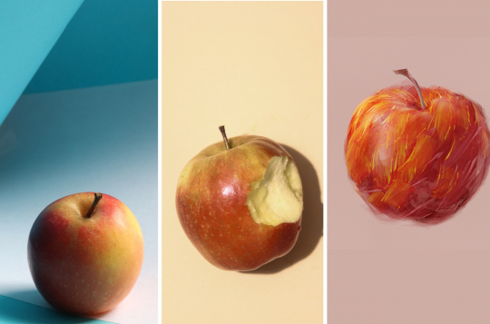 Eine Collage aus drei Äpfeln: Der erste ist normal, der zweite angebissen und der dritte gemalt. Alle können von der KI erkannt werden.
