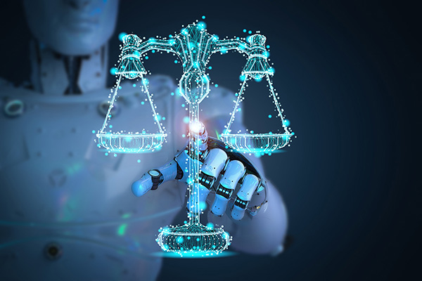Ein Roboter steht vor einer virtuellen Justiz-Waage und berührt sie mit seinem Finger.
